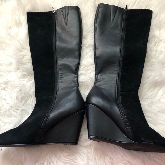 Black Leather knee High Boots 9 9.5 Wedge heel booties wedges - Picture 3 of 7